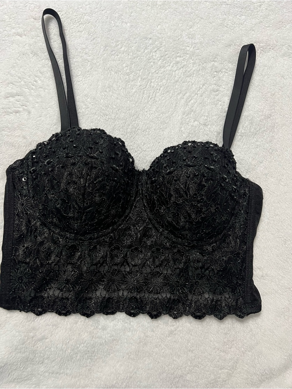Windsor Black Lace Longline Bustier Bra with Sequin Accents